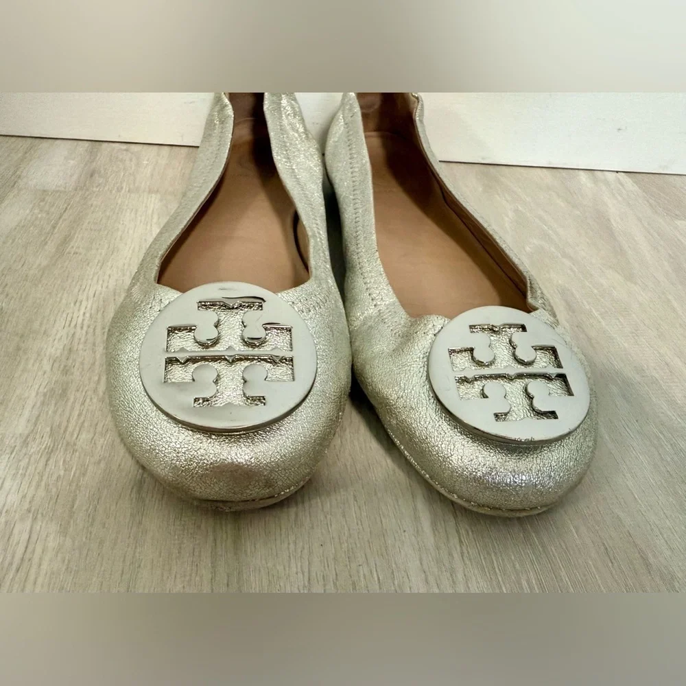 Tory Burch Minnie Travel Ballet Flat Royal Metallic Sliver Womans sz 9.5